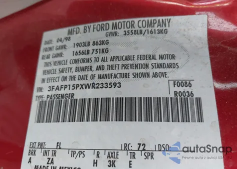 1998 Ford Escort Se из США, поврежденный, VIN 3FAFP15PXWR233593